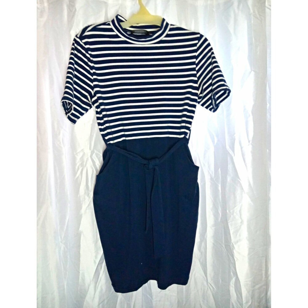 MEROKEETY Women's Striped Mock Neck Short Sleeve Jumpsuit Pockets L Navy/White